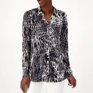 NEW - Susan Graver Printed Liquid Pet Knit Button Front A-Line Tunic. Charcoal.